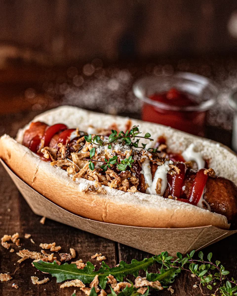 Planinski hot-dog s hrustljavo čebulo in omakami